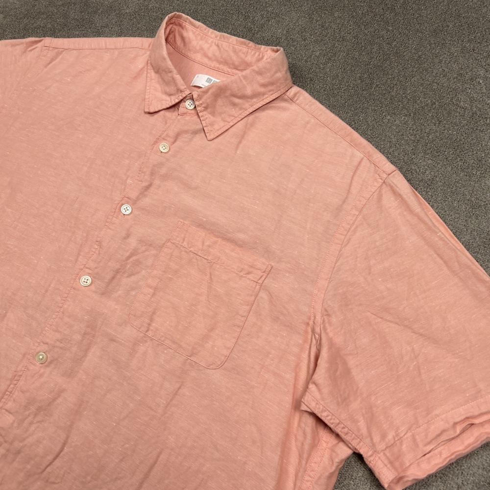 Uniqlo Shirt Mens XL Linen Button Up Peach Short Sleeve Summer Casual